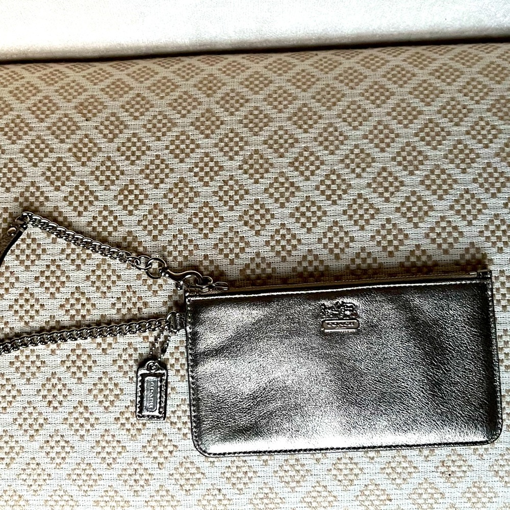 Coach Pewter/Silver pebble leather chain wristlet